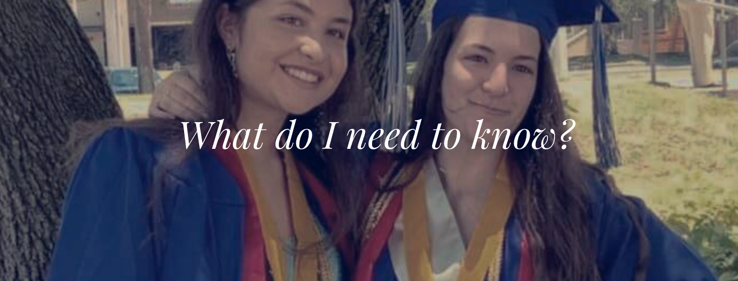 An outdoor photo of two East Lake students in graduation regalia w/white text asking what do I need to know? An outdoor photo of two East Lake students in graduation regalia w/white text asking what do I need to know?
